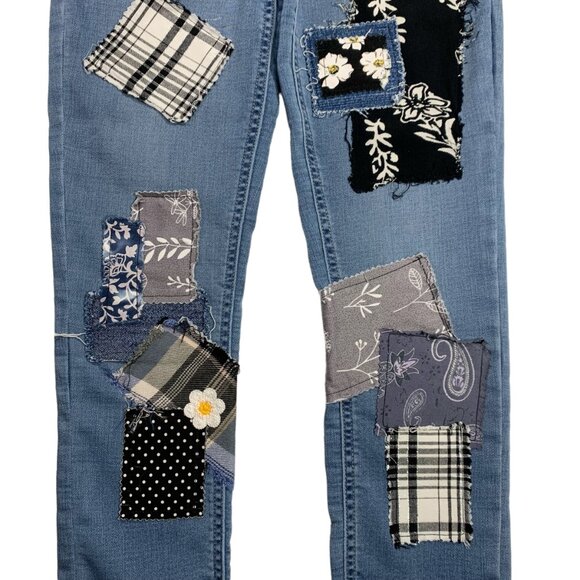 Justice Skinny Jeans Leggings Boho Patched Blue Black Plaid Girls Size 14 - Picture 5 of 11